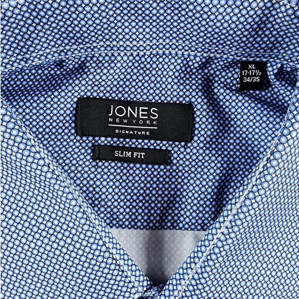 Jones New York Signature Slim Fit Dress Shirt Mens XL 17-17.5 Blue Micro Print - Picture 2 of 7